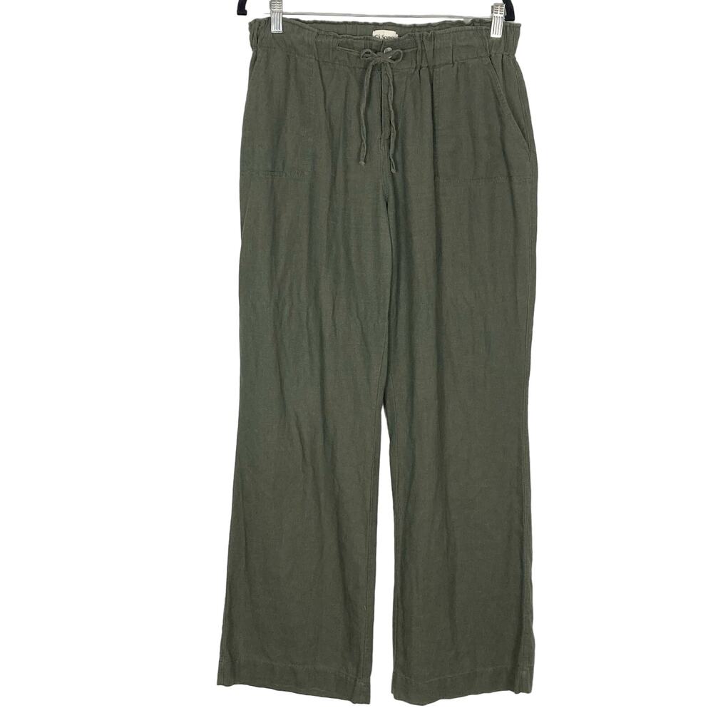 NWOT CI SONO Pant L Linen Wide Elastic-Waist Zip Bow-String Pocket Olive-Green